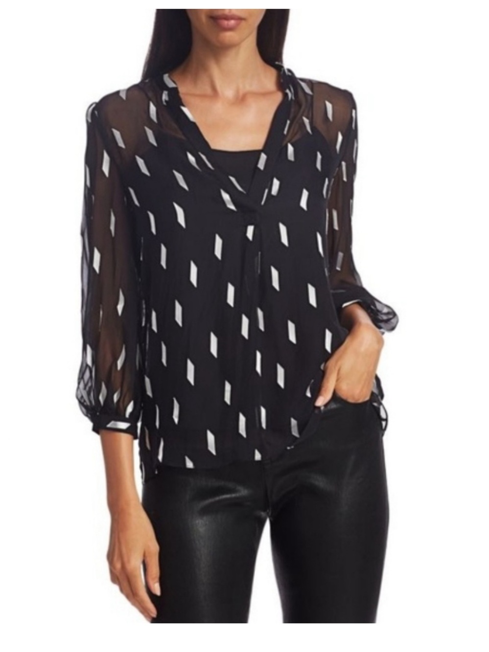Alice + Olivia Black Sheer Blouse with White Geometric Motif